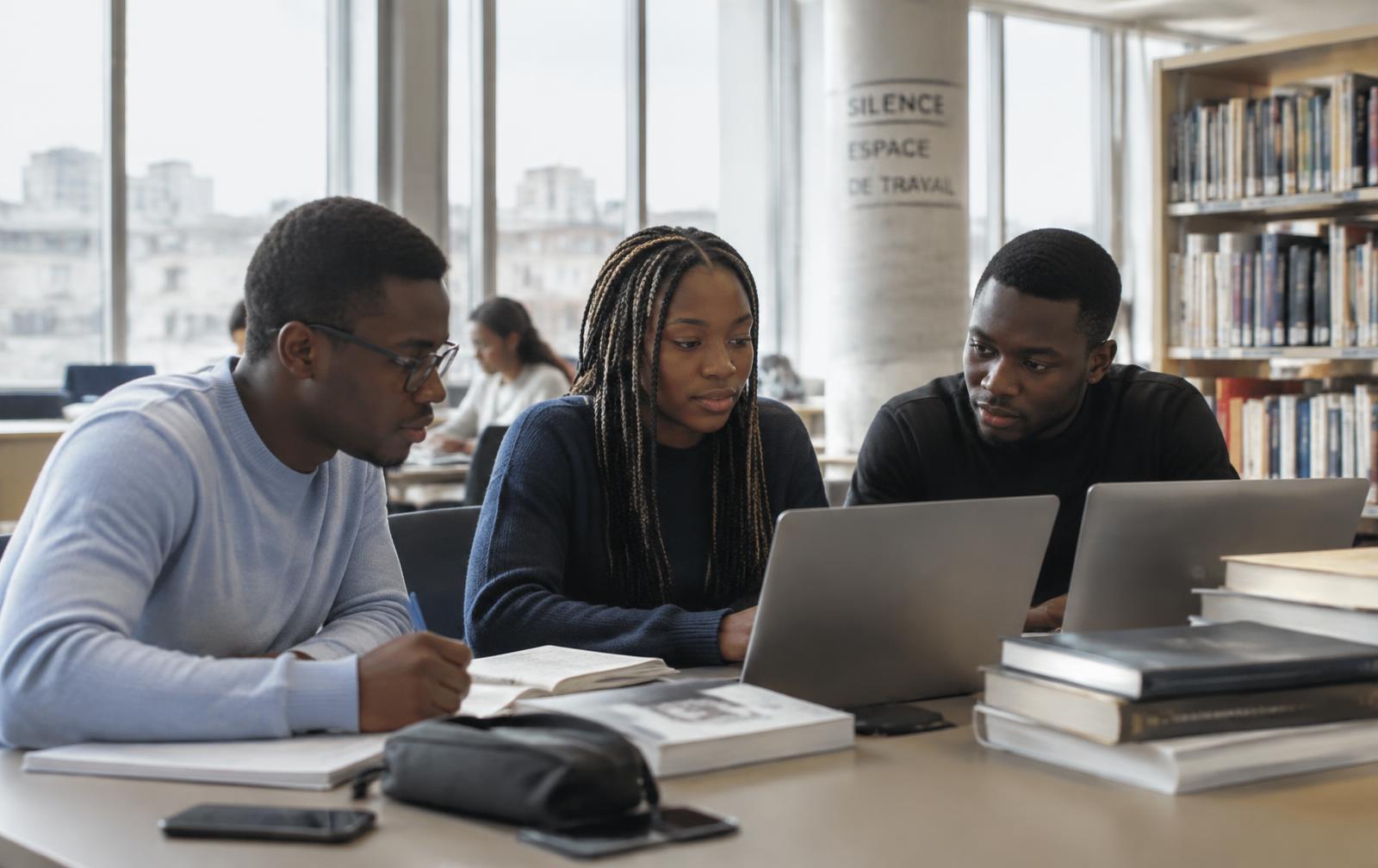 Étudiants africains travaillant dans une bibliothèque universitaire en France